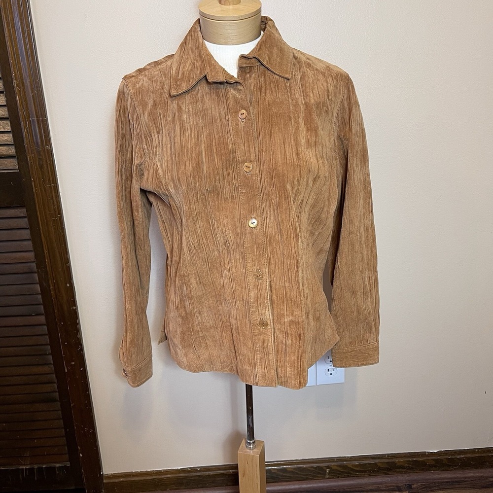 Coldwater Creek Womens PS Tan Pleated Genuine Leather Button Front Jacket H09254